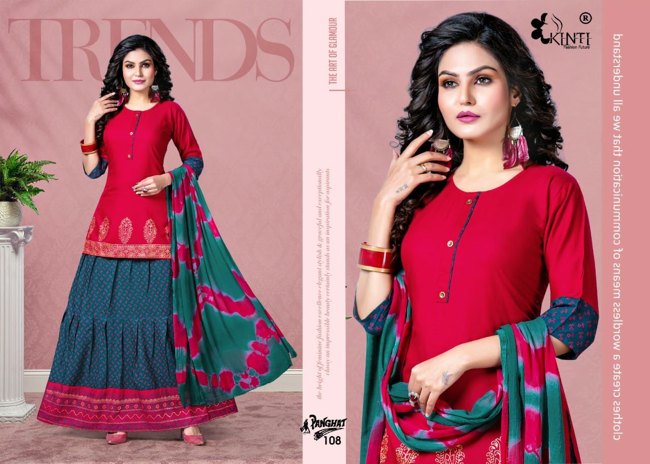 Kinti Panghat Fancy Ethnic Wear Rayon Printed Kurti With Skirt Collection